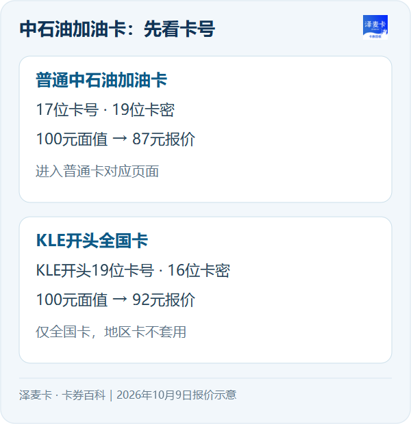 中石油普通加油卡与KLE开头全国卡按卡号形式选型示意